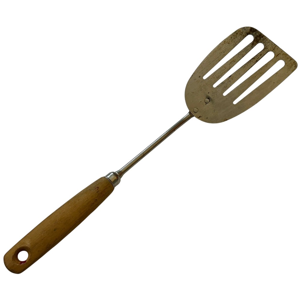 Vintage Ekco USA Slotted Spatula‎ Wood Handle Stainless Steel Kitchen 14 Inch